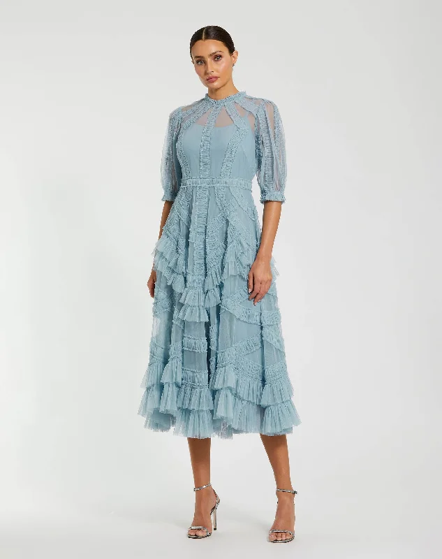 Velvet midi dresses in jewel tones for a glamorous winter event Light Blue High Neck Micro Ruffle Tiered Midi Dress Velvet midi dresses in jewel tones for a glamorous winter event Light Blue High Neck Micro Ruffle Tiered Midi Dress