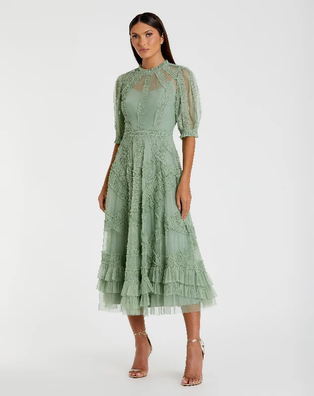 Midi dresses with tiered skirts for a bohemian festival look Green High Neck Micro Ruffle Tiered Midi Dress Midi dresses with tiered skirts for a bohemian festival look Green High Neck Micro Ruffle Tiered Midi Dress