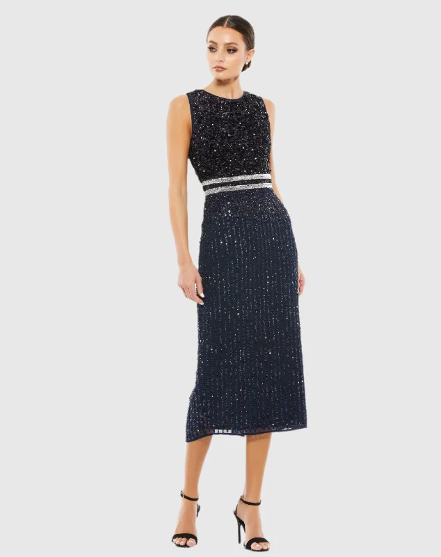 Midi dresses with button - front designs for a classic touch Navy Sleeveless High Neck Beaded Midi Sheath Dress Midi dresses with button - front designs for a classic touch Navy Sleeveless High Neck Beaded Midi Sheath Dress
