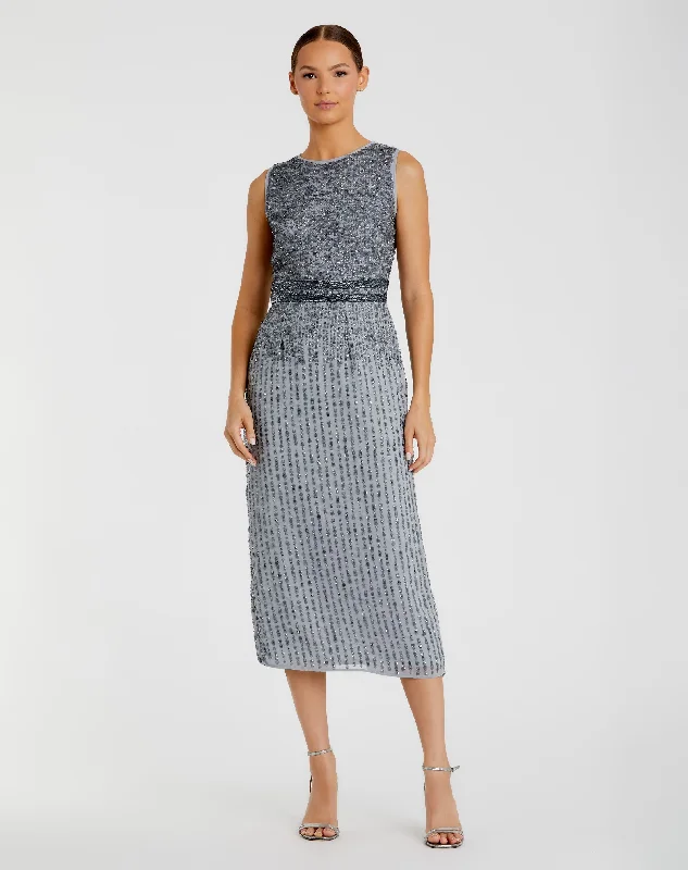 Wrap - style midi dresses in silk for a sophisticated office look Gray Sleeveless High Neck Beaded Midi Sheath Dress Wrap - style midi dresses in silk for a sophisticated office look Gray Sleeveless High Neck Beaded Midi Sheath Dress
