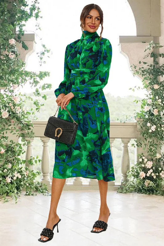 Midi dresses with satin - finish fabrics for a luxurious feel Abstract Floral Print Long Sleeve Midi Dress In Green Midi dresses with satin - finish fabrics for a luxurious feel Abstract Floral Print Long Sleeve Midi Dress In Green