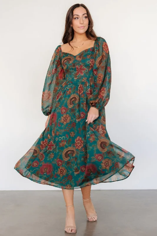 Midi dresses with empire waists for a flattering maternity option Babette Basque Waist Dress | Teal Multi Floral Midi dresses with empire waists for a flattering maternity option Babette Basque Waist Dress | Teal Multi Floral