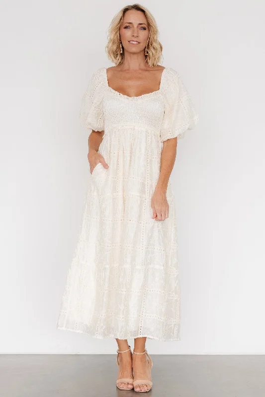 Midi dresses with tiered skirts for a bohemian festival look Colin Eyelet Dress | Cream Midi dresses with tiered skirts for a bohemian festival look Colin Eyelet Dress | Cream