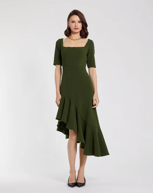 Velvet midi dresses in jewel tones for a glamorous winter event Crepe 3/4 Sleeve Asymmetrical Hem Dress Velvet midi dresses in jewel tones for a glamorous winter event Crepe 3/4 Sleeve Asymmetrical Hem Dress