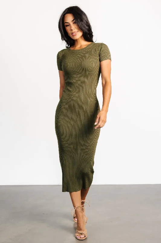 Midi dresses with metallic threads for a glamorous evening event Dana Ribbed Midi Dress | Olive Midi dresses with metallic threads for a glamorous evening event Dana Ribbed Midi Dress | Olive