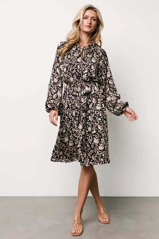 Midi dresses with cold - shoulder cutouts for a trendy style Deena Satin Dress | Black + Taupe Floral Midi dresses with cold - shoulder cutouts for a trendy style Deena Satin Dress | Black + Taupe Floral