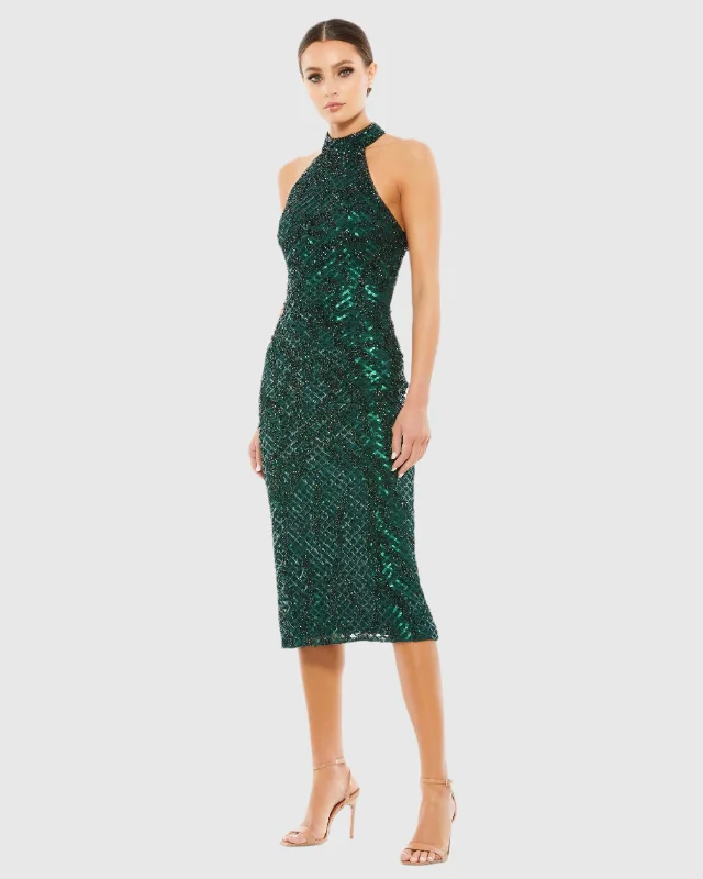 Midi dresses with V - necklines for a flattering and elongating effect Embellished Halter Midi Dress Midi dresses with V - necklines for a flattering and elongating effect Embellished Halter Midi Dress