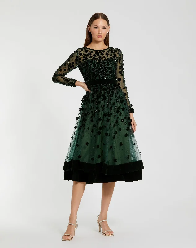 Midi dresses with ruched bodices for a feminine and fitted feel Embellished Illusion High Neck Long Sleeve Fit & Flare Dress Midi dresses with ruched bodices for a feminine and fitted feel Embellished Illusion High Neck Long Sleeve Fit & Flare Dress