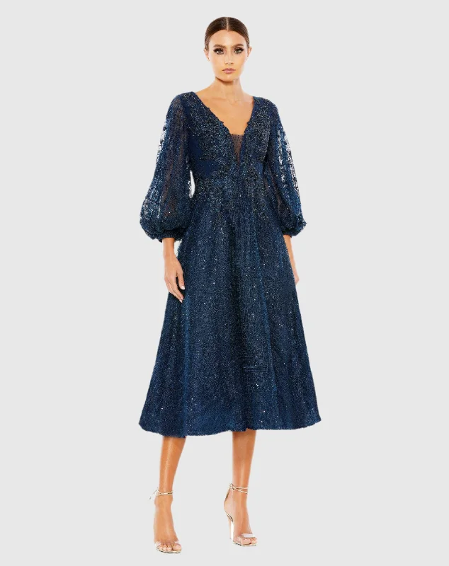 Midi dresses with side slits for a sexy and elegant appearance Embellished Plunge Neck Bishop Sleeve Dress Midi dresses with side slits for a sexy and elegant appearance Embellished Plunge Neck Bishop Sleeve Dress