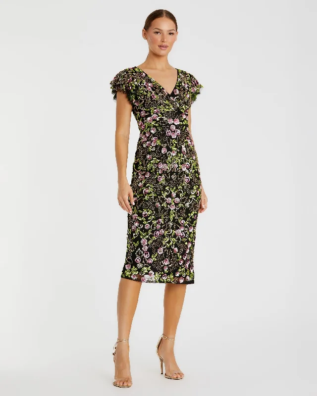 Midi dresses with belted waists to accentuate the figure Floral Embellished Flutter Cap Sleeve Dress Midi dresses with belted waists to accentuate the figure Floral Embellished Flutter Cap Sleeve Dress