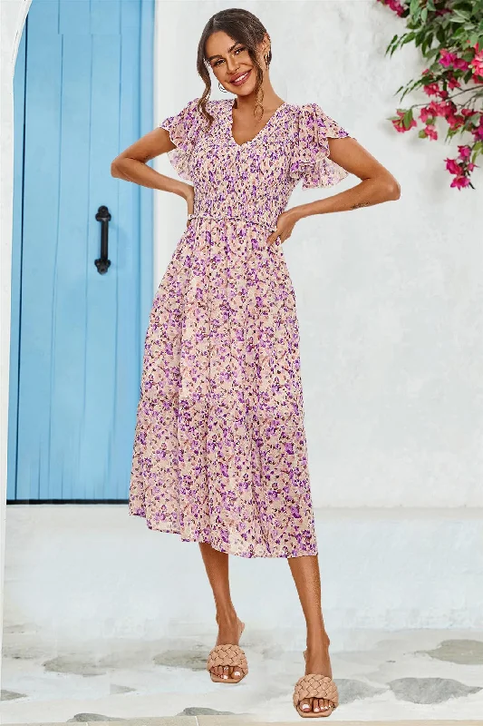 Midi dresses with ribbed textures for a unique and tactile appearance Floral Print Angel Sleeve Midi Dress In Purple Midi dresses with ribbed textures for a unique and tactile appearance Floral Print Angel Sleeve Midi Dress In Purple