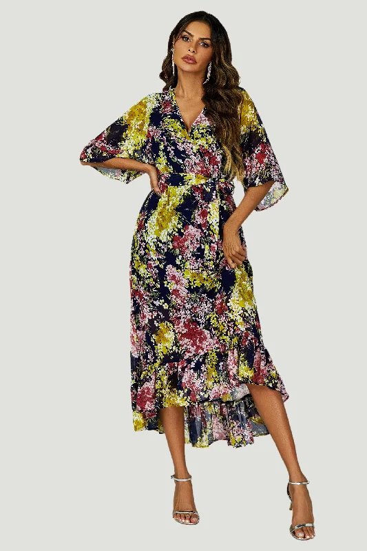 High - low midi dresses with geometric patterns for a modern party Floral Print Wrap Top Kimono Sleeve Maxi Dress In Navy High - low midi dresses with geometric patterns for a modern party Floral Print Wrap Top Kimono Sleeve Maxi Dress In Navy