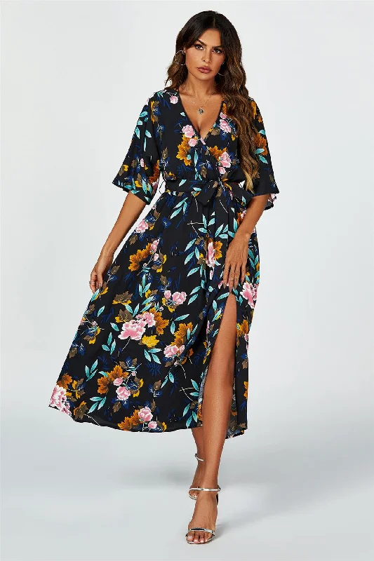 Wrap - style midi dresses in silk for a sophisticated office look Floral Print Wrap Top Kimono Sleeve Split Maxi Dress In Black Wrap - style midi dresses in silk for a sophisticated office look Floral Print Wrap Top Kimono Sleeve Split Maxi Dress In Black