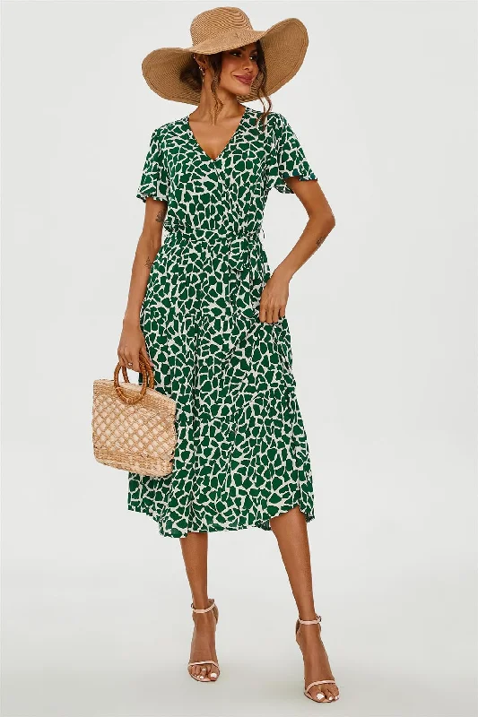 High - low midi dresses with geometric patterns for a modern party Geo Print Hem Tiered Wrap Midi Dress In Green