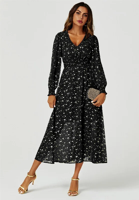 High - low midi dresses with geometric patterns for a modern party Gold Star Foil Long Sleeve Maxi Dress In Black High - low midi dresses with geometric patterns for a modern party Gold Star Foil Long Sleeve Maxi Dress In Black
