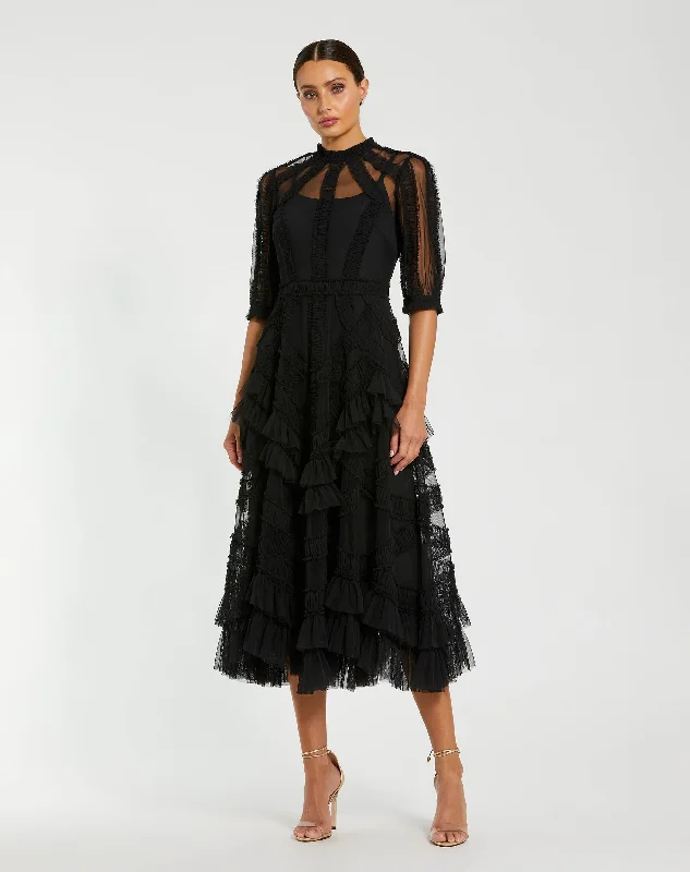 Midi dresses with embroidered accents for a unique and detailed design High Neck Micro Ruffle Tiered Midi Dress Midi dresses with embroidered accents for a unique and detailed design High Neck Micro Ruffle Tiered Midi Dress