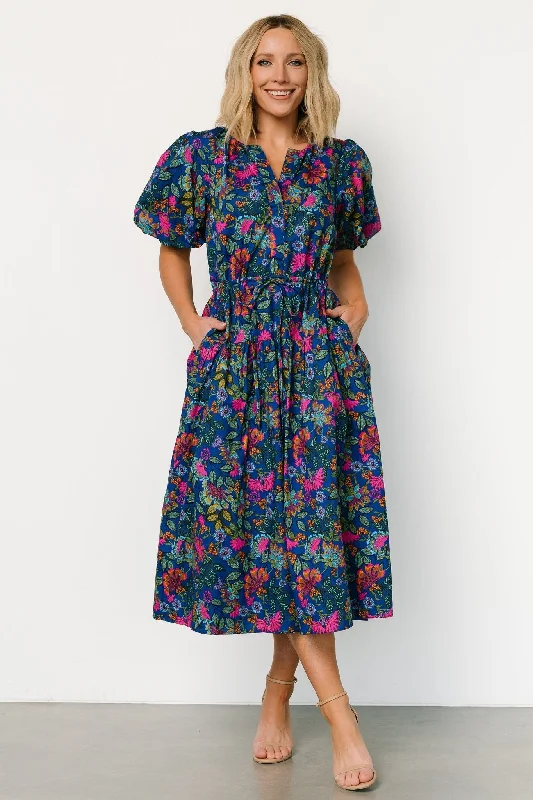 Midi dresses with ruffled bodices for a more pronounced feminine look Karol Puff Sleeve Midi Dress | Blue Multi Midi dresses with ruffled bodices for a more pronounced feminine look Karol Puff Sleeve Midi Dress | Blue Multi