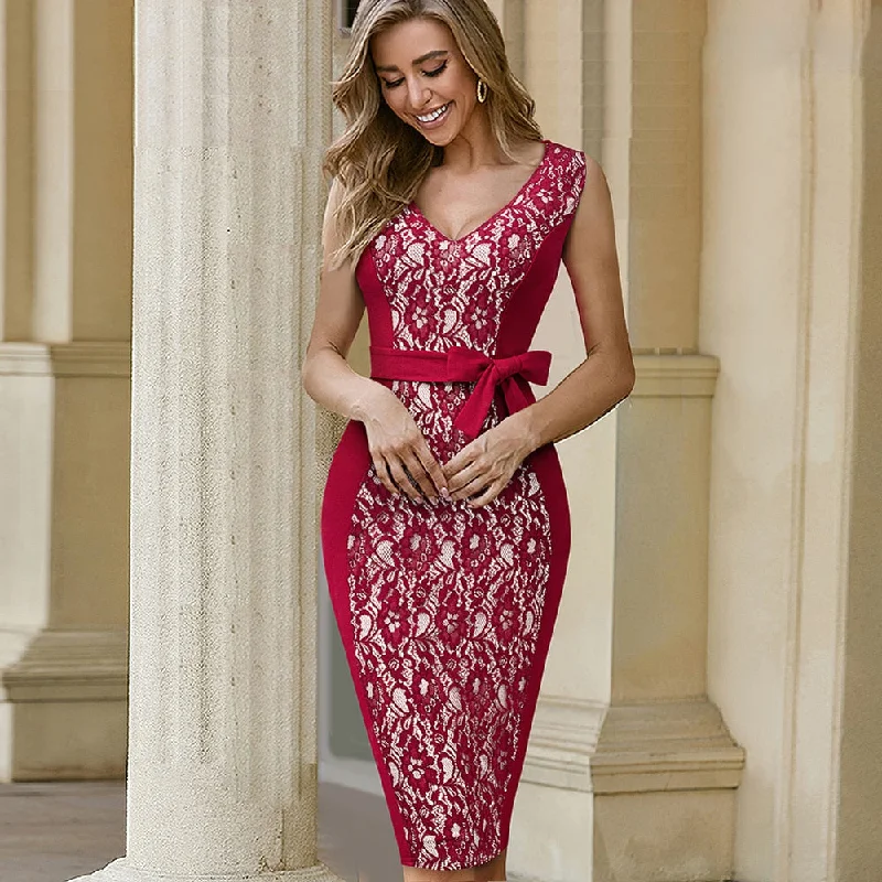 Midi dresses with bow accents for a sweet and charming look BerriesJam - Lace Patchwork Low Cut Formal Wedding Party Slim Dress Midi dresses with bow accents for a sweet and charming look BerriesJam - Lace Patchwork Low Cut Formal Wedding Party Slim Dress