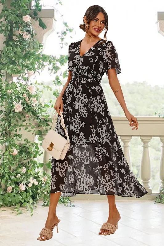 Midi dresses with off - the - shoulder necklines for a flirty look Leopard Floral Print Angel Sleeve Maxi Dress In Black Midi dresses with off - the - shoulder necklines for a flirty look Leopard Floral Print Angel Sleeve Maxi Dress In Black