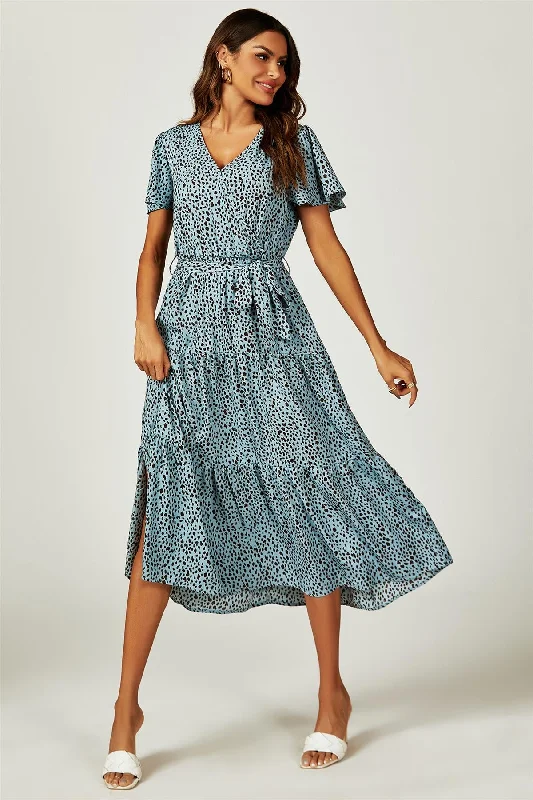 Midi dresses with button - down skirts for a unique and functional design Leopard Print Hem Tiered Wrap Midi Dress In Blue Midi dresses with button - down skirts for a unique and functional design Leopard Print Hem Tiered Wrap Midi Dress In Blue