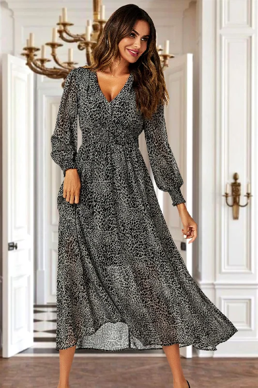 Midi dresses with pom - pom trims for a playful and festive look Leopard Print Long Sleeve Maxi Dress In Grey Midi dresses with pom - pom trims for a playful and festive look Leopard Print Long Sleeve Maxi Dress In Grey