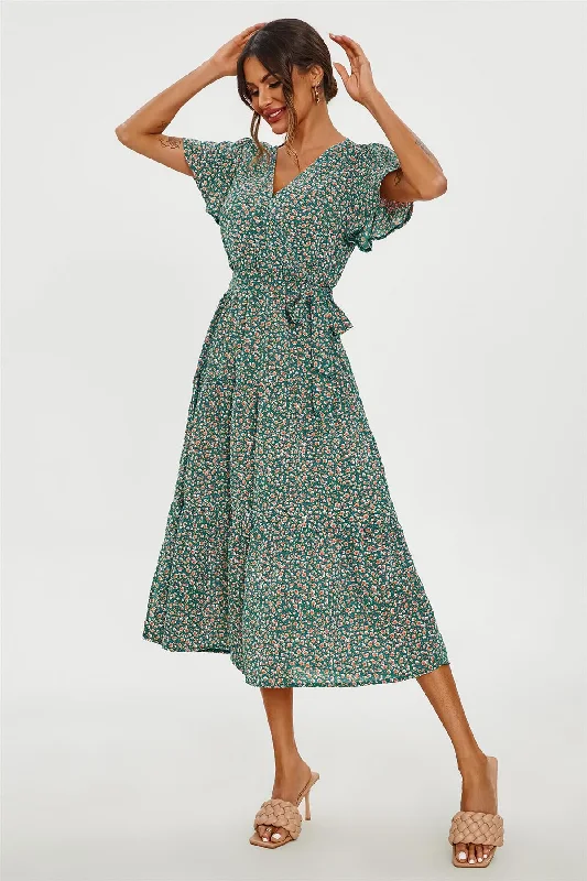 Midi dresses with puff sleeves for a vintage - inspired look Orange Floral Print Hem Tiered Wrap Midi Dress In Green Midi dresses with puff sleeves for a vintage - inspired look Orange Floral Print Hem Tiered Wrap Midi Dress In Green