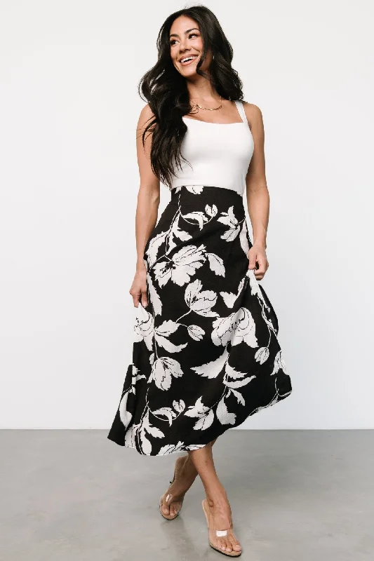 Midi dresses with button - front designs for a classic touch Osaka Midi Skirt | Black + White Floral Midi dresses with button - front designs for a classic touch Osaka Midi Skirt | Black + White Floral
