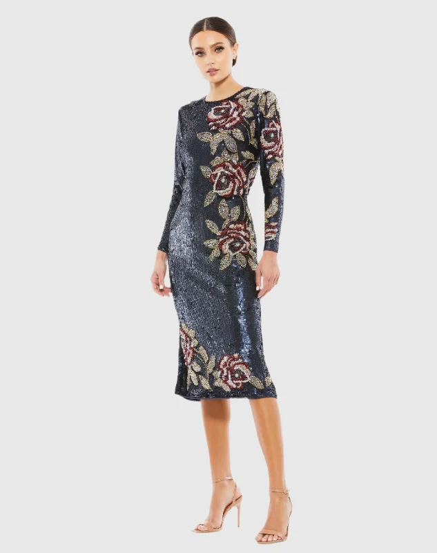 Midi dresses with pom - pom trims for a playful and festive look Sequined Asymmetrical Floral Long Sleeve Midi Dress Midi dresses with pom - pom trims for a playful and festive look Sequined Asymmetrical Floral Long Sleeve Midi Dress