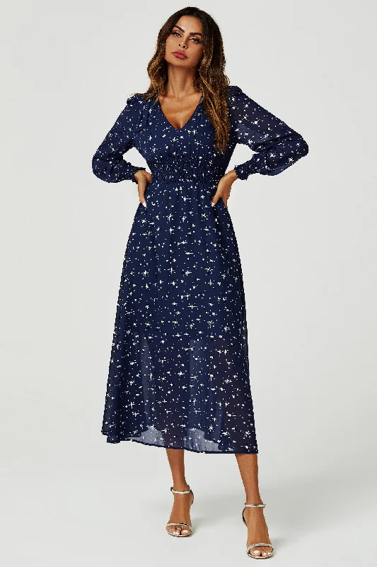 Sheath midi dresses with beaded embellishments for a formal occasion Silver Star Foil Long Sleeve Maxi Dress In Navy Sheath midi dresses with beaded embellishments for a formal occasion Silver Star Foil Long Sleeve Maxi Dress In Navy